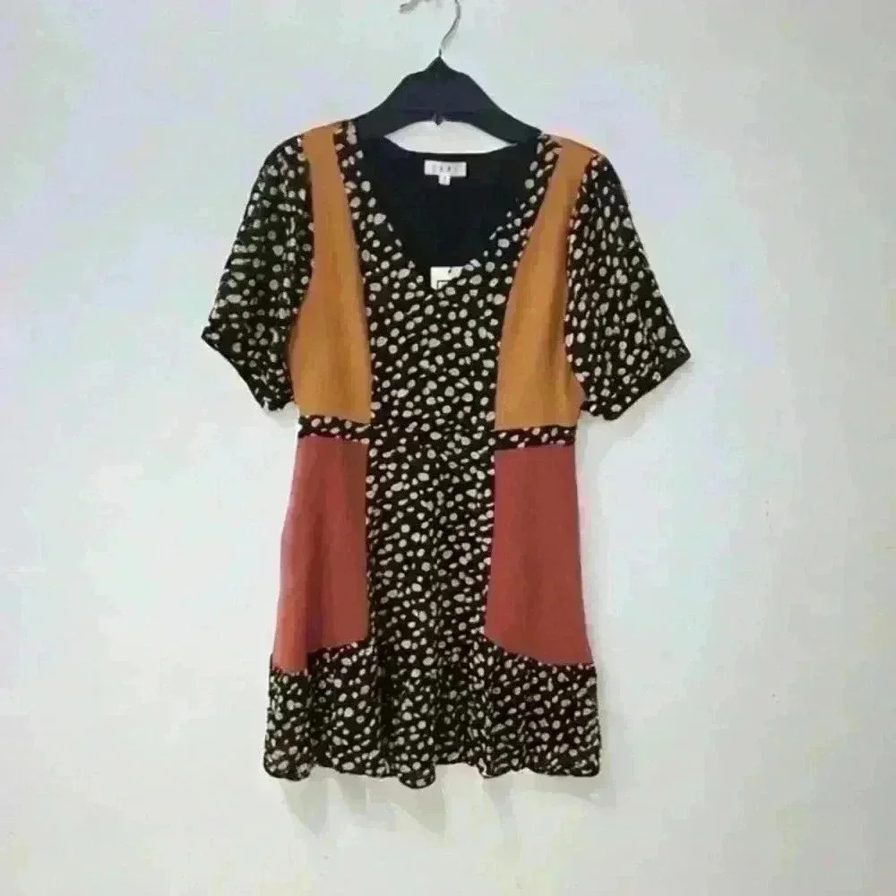 THML Black Mini Dress with Mustard Shoulders and Rust Pocket Panels